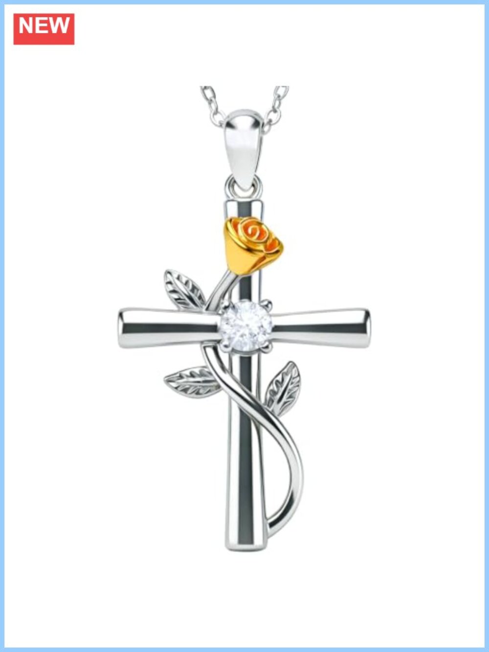 925 Sterling Silver Rose Cross CZ Pendant Necklace Adjustable 16-18"